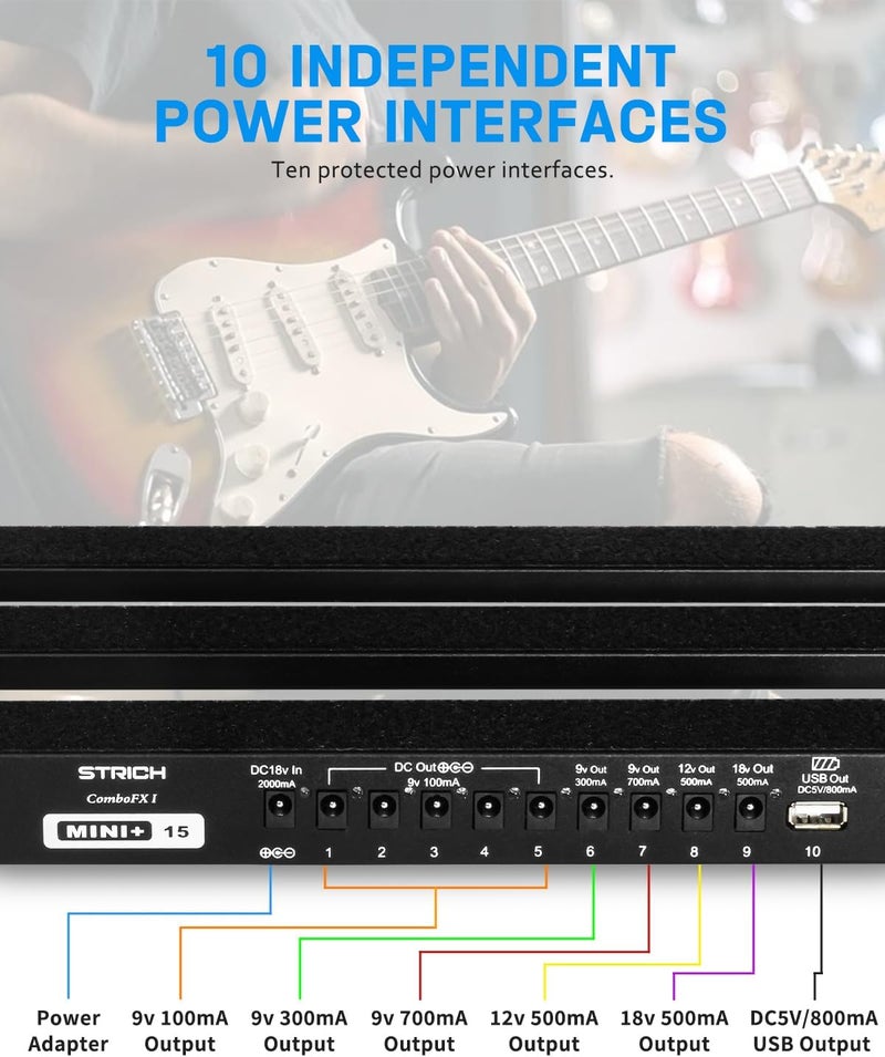 STRICH Guitar Pedal Board with Built-in Power Supply, Pedal Board 15 x 7.8" Lightweight Aluminum Alloy, PedalBoard with Pedal Cables, Bag, Hook Loop Strips PB-MP15 - Image 3